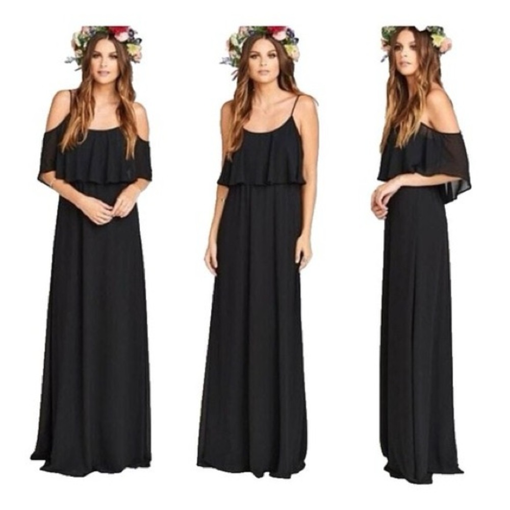 Show Me Your MuMu Black Off- Cold Shoulder Ruffle Chiffon Convertible Maxi Dress